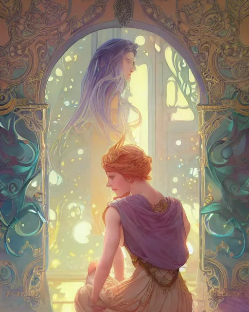 Image similar to secret romance, highly detailed,, gold filigree, romantic storybook fantasy, soft cinematic lighting, award, disney concept art watercolor illustration by mandy jurgens and alphonse mucha and alena aenami, pastel color palette, featured on artstation