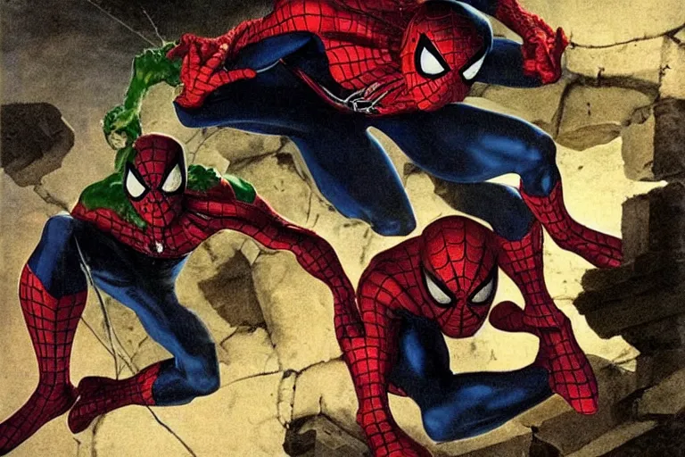 Prompt: spider man is fighting green goblin, in style of Caravaggio, dramatic lightning,