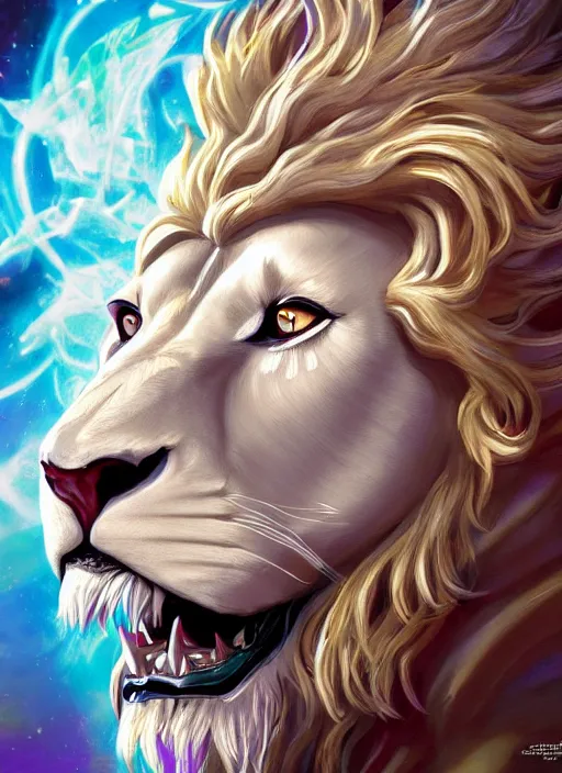 Prompt: anthropomorphized white lion wizard casting magic bright light spell, smiling, casting spell, concept art, insanely detailed and intricate, hypermaximalist, elegant, ornate, hyper realistic, super detailed, art deco, cinematic, trending on artstation, magic the gathering artwork