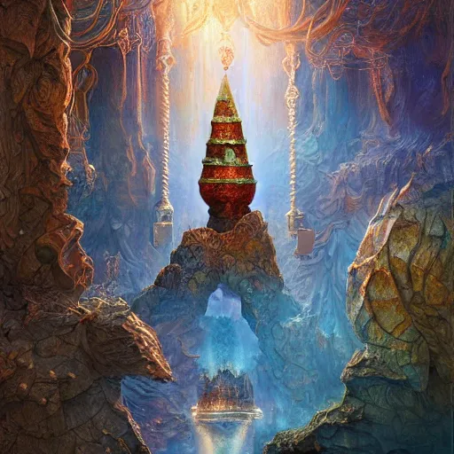 Image similar to Awe-inspiring, dreamlike, interpretation of the Philosopher\'s Stone, gorgeous, colorful, , insanely detailed and intricate, 3D oil painting, mystical and dreamlike, volumetric lightrays, ornate, mysterious engravings, magical atmosphere, hyperrealistic, award-winning collaboration by Marc Simonetti and Andreas Rocha,