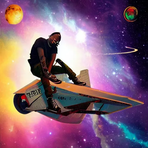 Prompt: Travis scott flying through space