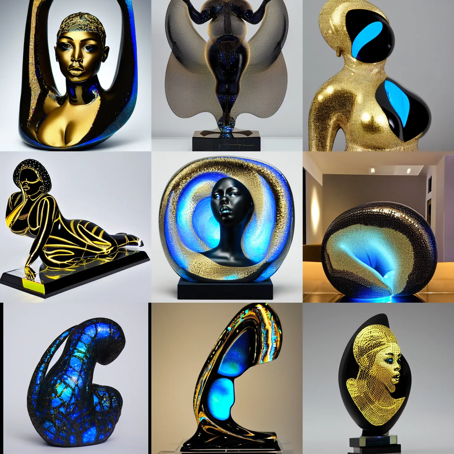 Prompt: intricate holographic sculpture of futuristic fat curvy black empress, stone and glass, high contrast, blue gold and black, masterpiece