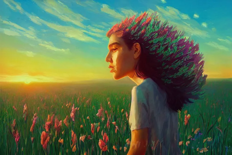 Image similar to giant gladiola head, girl walking in field of flowers, surreal photography, sunrise, blue sky, dramatic light, impressionist painting, digital painting, artstation, simon stalenhag