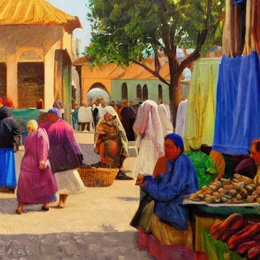 Image similar to market in old samarkand, oil painting