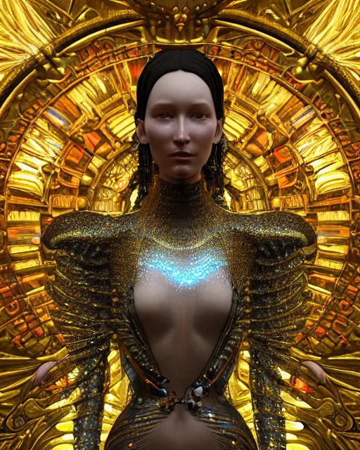 Prompt: a highly detailed metahuman 4 k close up render of an alien goddess bella hadid monument in iris van herpen dress schiaparelli in diamonds crystals swarovski and jewelry iridescent in style of alphonse mucha gustav klimt trending on artstation made in unreal engine 4