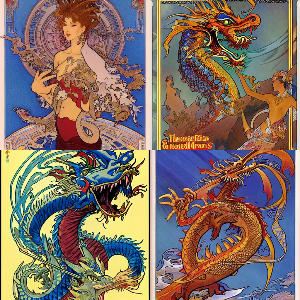 Prompt: 'a cartoon of a Chinese dragon in the sea by Alphonse Mucha, Greg Hildebrandt, and Mark Brooks'