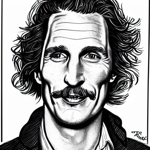 Image similar to a portrait drawing of Mathew McConaughey drawn by Robert Crumb