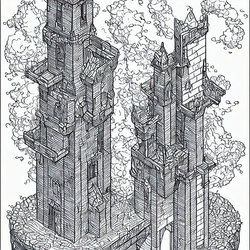 Image similar to isometric view of a wizard tower, colored lineart