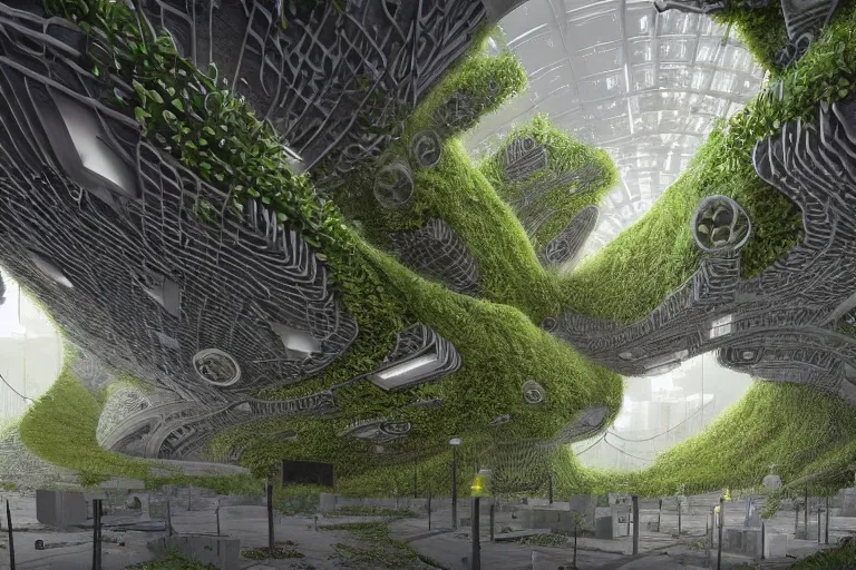 Image similar to futuristic foliage overgrowing detailed favela bunker hive, art nouveau environment, industrial plant, award winning art, epic dreamlike fantasy landscape, ultra realistic,