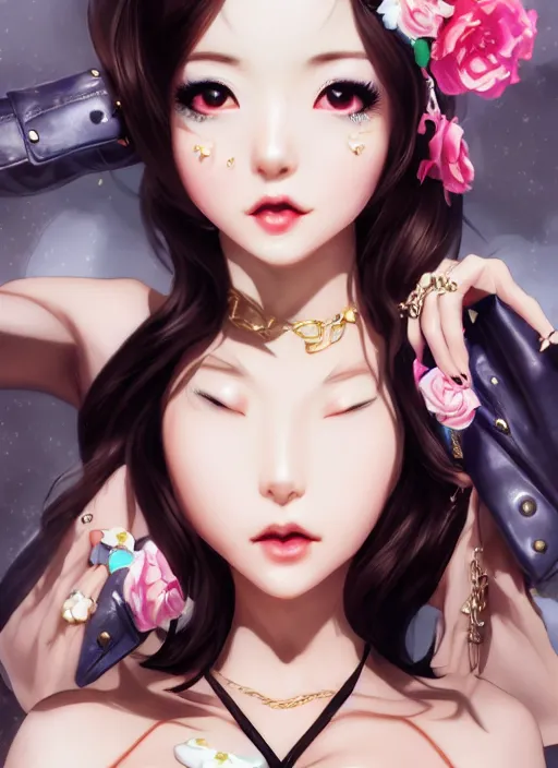 Image similar to a pin up and beautiful fashion dreamlke japan girl with lv jewelry, character art, art by artgerm, wlop, loish, hyperdetailed, 8 k realistic, symmetrical, global illumination, radiant light, frostbite 3 engine, cryengine, dof, trending on artstation, digital art, chanel, dior, detailed background