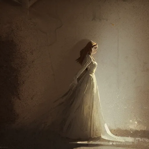 Prompt: A woman in a wedding dress in a dilapidated room, long shadow, dark room, vintage shading, warm colors, by Greg Rutkowski, artstation