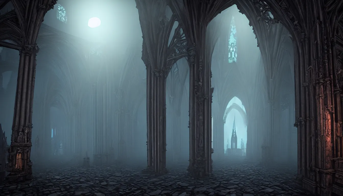Prompt: interior victorian gothic cathedral realm of darkness, side - scrolling 2 d platformer game level, sinister fog through the pillars, ancient temple ruins, dramatic midnight sun illuminates areas, volumetric light, detailed broken stained glass windows on walls, bleak decaying color, upscale, 8 k