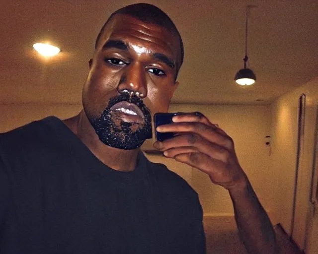 Image similar to my dad that looks like a poor version of Kanye West accidentally taking a selfie with the front camera lol, squinting because the camera flash is so bright in his face, viral, selfie, viral on twitter, viral on instagram, viral photo