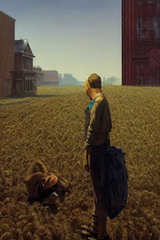 Prompt: detailed ultra - realistic graphic novel illustration of a dystopian harvesting scene by edward hopper and gregory crewdson, cinematic, muted colors, cinematic fog, full shot, george adult, carel willink, ian miller, wayne barlowe, greg rutkowski, norman rockwell