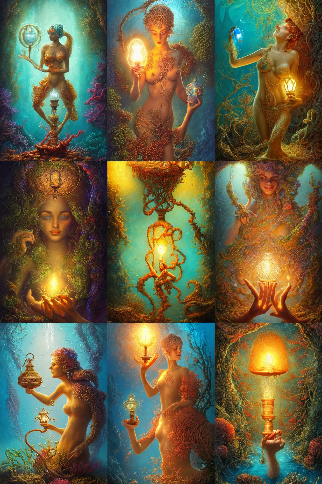 Prompt: a stunning ultra detailed underwater fantasy illustration of a genie holding a glowing lamp, overgrown with colorful coral, by tomasz alen kopera, water bubbles, sun rays penetrating water, very detailed, deep depth of field, 5 0 mm lens, golden hour hues, soft lighting, artstation, highly coherent, 8 k