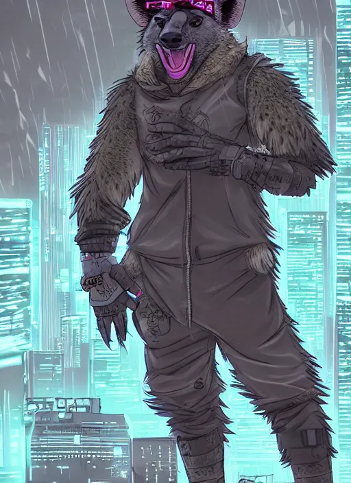 Image similar to character portrait of a male anthro hyena fursona with a tail and a cute beautiful attractive detailed furry face wearing stylish cyberpunk clothes in a cyberpunk city at night while it rains. color page, tankoban, 4K, tone mapping. By Rukis. comic book style