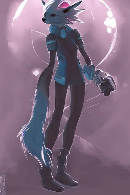 Image similar to a cyberpunk anthropomorphic fox with a fluffy tail!!!, manga art, trending on furaffinity, cartoon, kawaii, backlighting, by kawacy, chibi, pastel