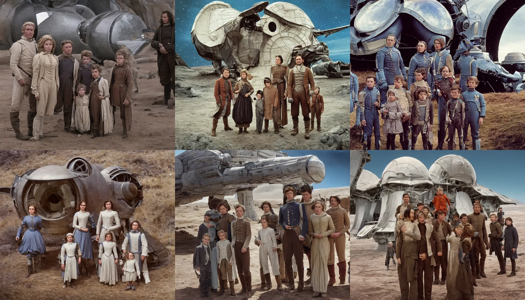 Prompt: highly detailed, 256435456k film, 1612800mm film still from a sci fi blockbuster color movie made in 2019, set in 1860, of a family standing in front of a spaceship that has just landed on an alien planet, the family are all wearing 1860s era clothes, good lighting, good photography, ultra high definition