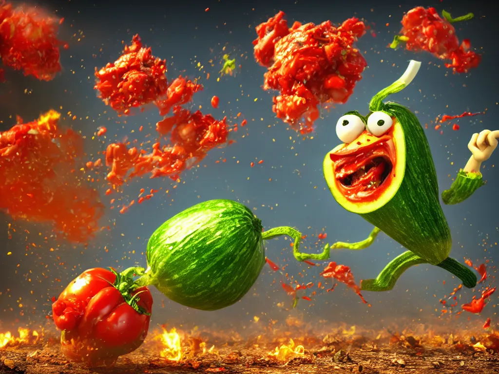 Image similar to highly detailed 3 d render of a raging mad angry zucchini character, burning scissors flying, dirt road, scared tomates scattered everywhere, high speed action, explosions, dramatic scene, hyper realistic octane render, cinematic lighting, tomato splatter, deviantart, black sky, lowbrow, surrealism, pixar influenced, mayhem