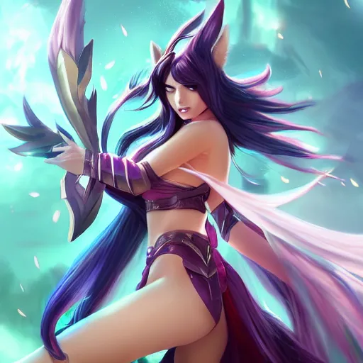 Image similar to Ahri from league of legends wearing knight armor, digital art, smooth lines, high res, amazing composition, splash art