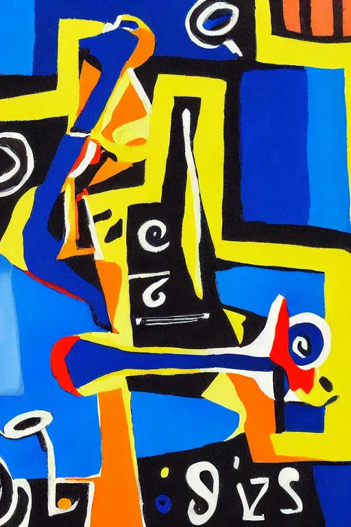 Prompt: Abstract painting representation of jazz musicians, the letters JAZZ in the style of Stuart Davis colors cobalt blue, ultramarine blue, yellow, red, white, black