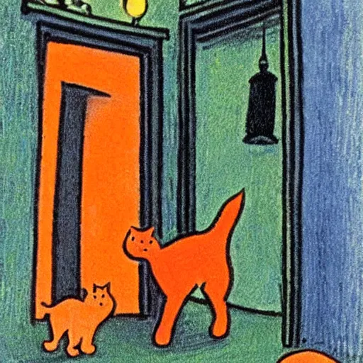 Image similar to by tove jansson, an orange cat crossing in front of a dim doorway, comic