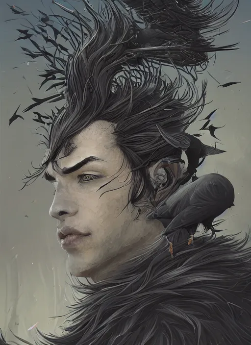 Image similar to beauty boy with a crows nest on his head, cruelty, black crows, light effect, hyper detailed, intricate, elegant, highly detailed, digital painting, artstation, concept art, matte, sharp focus, illustration, by dan mumford, yusuke murata, makoto shinkai, ross tran