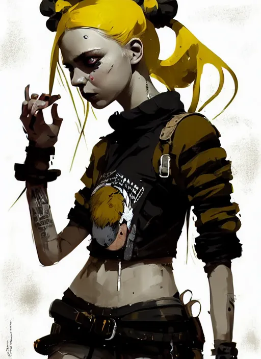 Image similar to highly detailed closeup portrait of a sewer punk pretty swedish female road warrior student, tartan garment, blonde hair pigtails with headband by atey ghailan, by greg rutkowski, by greg tocchini, by james gilleard, by joe fenton, by kaethe butcher, gradient yellow, black, brown and white color scheme, grunge aesthetic!!! white graffiti tag wall background