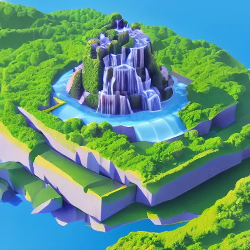 Image similar to manhattan on a floating island with a waterfall in the sky, low poly art, isometric art, 3d render, ray tracing, high detail, artstation, concept art, behance, smooth, sharp focus, ethereal lighting