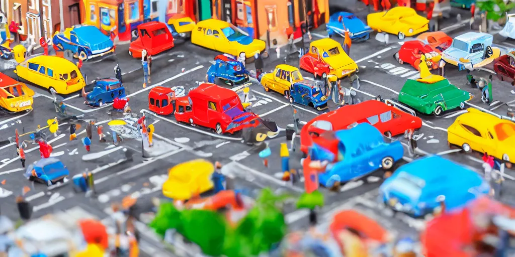 Image similar to paper craft diorama of a colorful city with people and cars