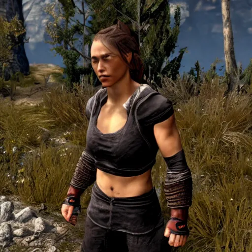 Image similar to character screenshot of ufc ronda rousey dc in skyrim, lydia armor, npc talking, wilderness, 1 0 8 0 p, bokeh, elder scrolls v, detailed, dialog text