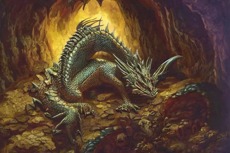 Prompt: a sleeping dragon on a mountain of treasure in a big cavern