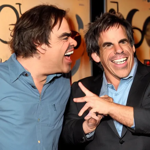 Prompt: jack black and ben stiller, laughing, candid