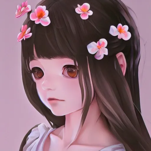 Image similar to little girl with flowers in hair wearing an white dress, art by ilya kuvshinov, profile picture, inspired in hirohiko araki, realistic, highly detailed, anime face