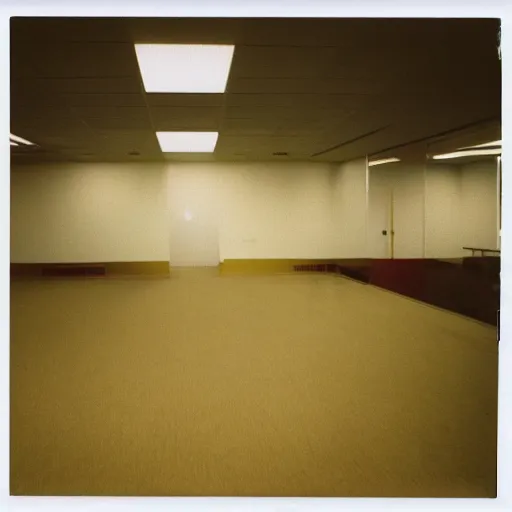 Image similar to A polaroid photograph of an empty endless office space, yellow wallpaper on the walls, moist dirty carpet, fluorescent warm lights lighting the scene, no furniture