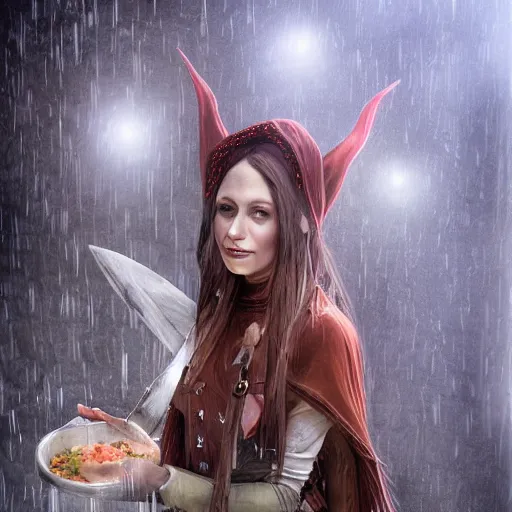 Image similar to historic fantasy, portrait of a determined elven woman, chef's clothing, raining, kitchen knife, city market, depth, digital art, dramatic lighting