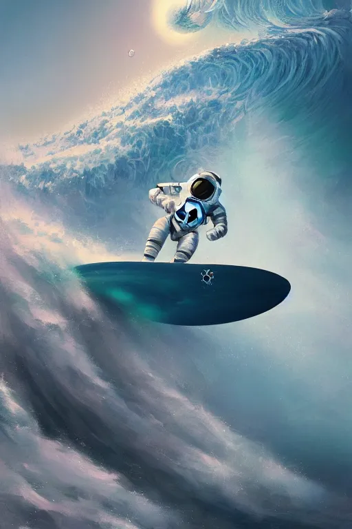 Image similar to a beautiful digital painting of an astronaut in a white space suit surfing the great wave on a surfboard by greg rutkowski, photorealistic, trending on artstation, highly detailed, intricate, unreal engine, octane render