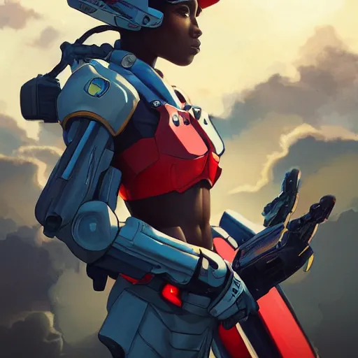 Image similar to portrait cartoon manga anime render of a strikingly gorgeous nigerian 👩🏿, wearing an intricate gundam pilot helmet, rossdraws, artgerm, norman rockwell, emiliano ponzi, epic composition, hd, octane, unreal engine, volumetric lighting, light rays, masterpiece, award - winning