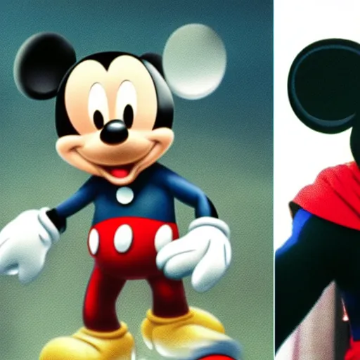 Image similar to Film still of Mickey Mouse as Thor, holding his Mjolnir