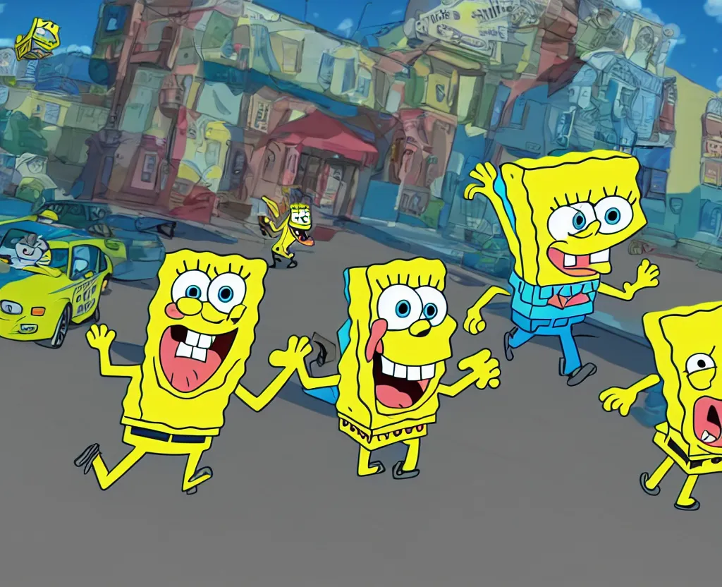 Image similar to Highly detailed image of spongebob squarepants running from the police, high speed chase, animated