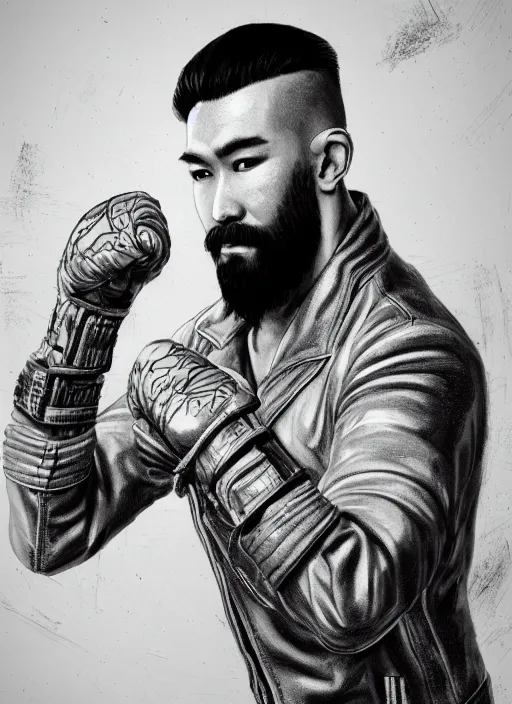 Image similar to a highly detailed illustration of bearded asian man wearing leather jacket with bandaged right hand, focused boxing philly shell stance pose, hands shielding face, backrooms background, intricate, elegant, highly detailed, centered, digital painting, artstation, concept art, smooth, sharp focus, league of legends concept art, WLOP