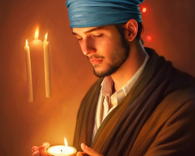 Prompt: a mind - blowing portrait of a fortune seeker male, holding a candle, wearing a classic sleeping cap, joyful, d & d, fantasy, intricate, elegant, highly detailed, digital painting, artstation, concept art, matte, sharp, illustration, hearthstone, art by artgerm and greg rutkowski and alphonse mucha