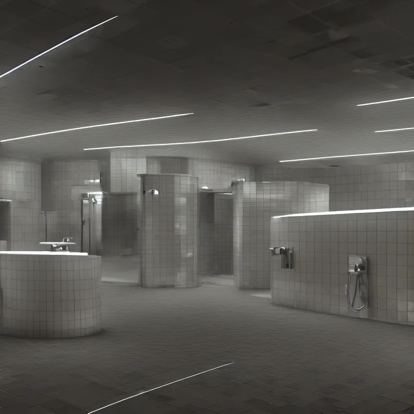 Image similar to an infinite public restroom with endless stalls and endless sinks fading into the distance, lots of people, showers, lights, tile, cinematic lighting, volumetric lighting, award winning photography, highly detailed, intricate, sharp focus, 4 k wallpaper, unreal engine, 9 0 mm, f / 1. 4