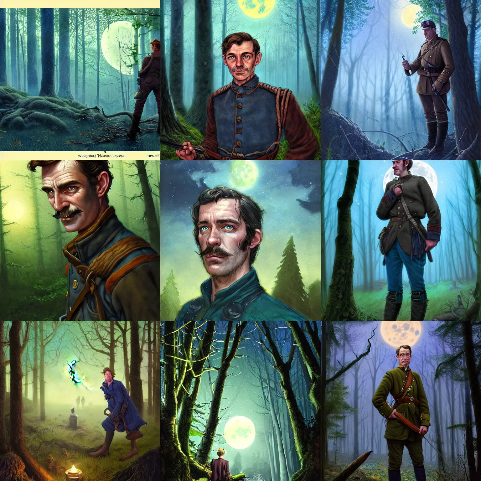 Prompt: Portrait of distrustful Captain Samuel Vimes in the Forbidden Forrest at midnight, full moon, blue tones, detailed, hyperrealistic, colorful, cinematic lighting, digital art by Paul Kidby