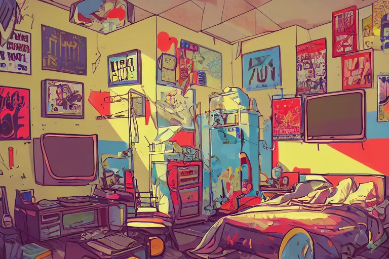 Prompt: a room of an american teen, graffiti and posters on the wall, bright, 8 0 s style, nostalgic, the sun shines in, warm, cozy, isometric art, bright, artstation, highly detailed, cinematic lighting + masterpiece