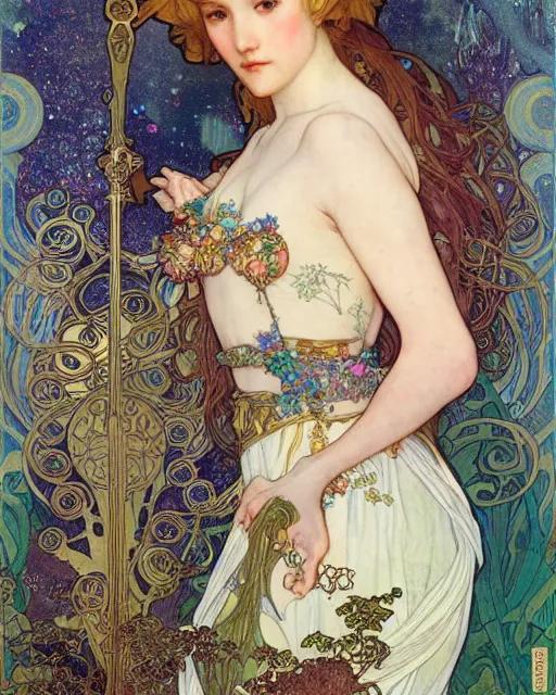 Prompt: an elf princess by Ross Tran, Alphonse Mucha, Gustav Klimt and edgar maxence
