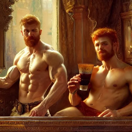 Prompt: attractive muscular mike with ginger hair with muscular attractive tyler with brunet hair, drinking their hearts out, in their noble mansion. very defined and highly detailed painting by gaston bussiere, craig mullins, j. c. leyendecker 8 k