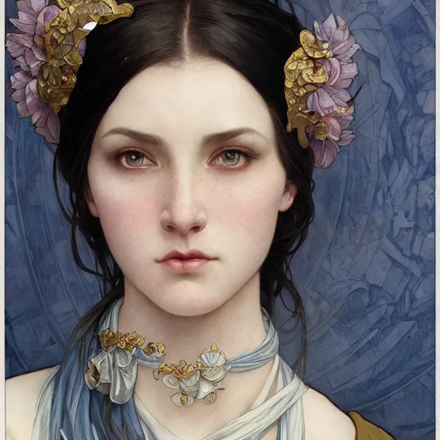 Prompt: Portrait of female cleric with kerchief covering her ears. Blue eyes, black hair, porcelain skin, full lips, high slanted cheekbones. Fantasy art by artgerm and greg rutkowski and alphonse mucha, intricate, elegant, highly detailed, dramatic lighting, digital painting, concept art, illustration, award winning on artstation, D&D, AD&D.