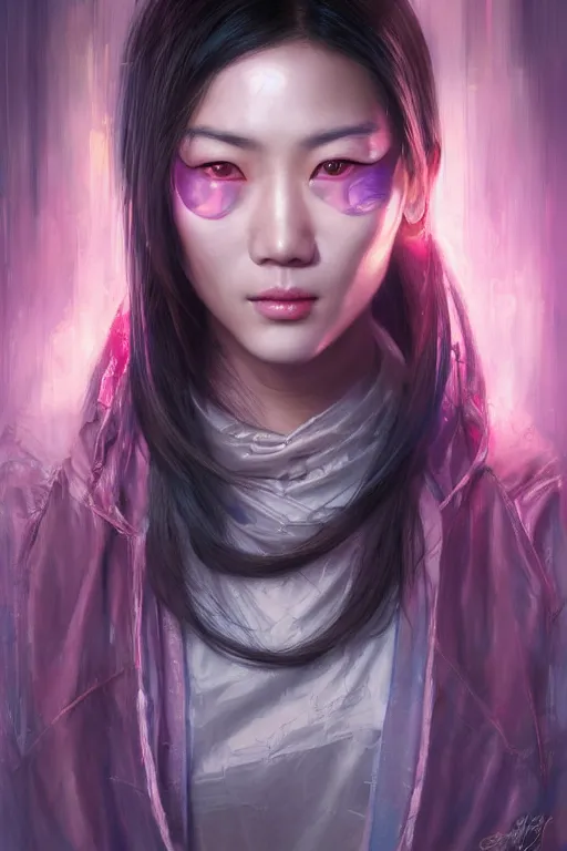 Prompt: stunning highly detailed portrait of a beautiful asian female cyberpunk, old, soft lighting, pastel neon colors, oil on canvas, strong lighting, by glenn fabry, by greg staples, by mandy jurgens, hd, 4 k