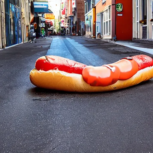 Image similar to giant hotdog laying in the street